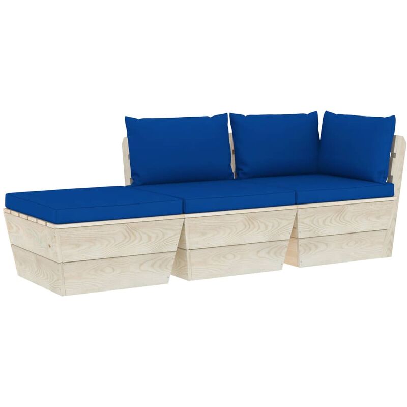 

Muebles de jardín de palets 3 pzas y cojines madera de abeto - Azul