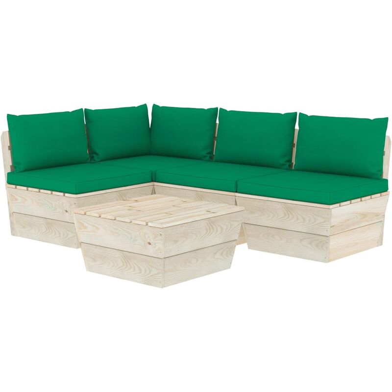 

Muebles de jardín de palets 5 piezas y cojines madera de abeto - Verde