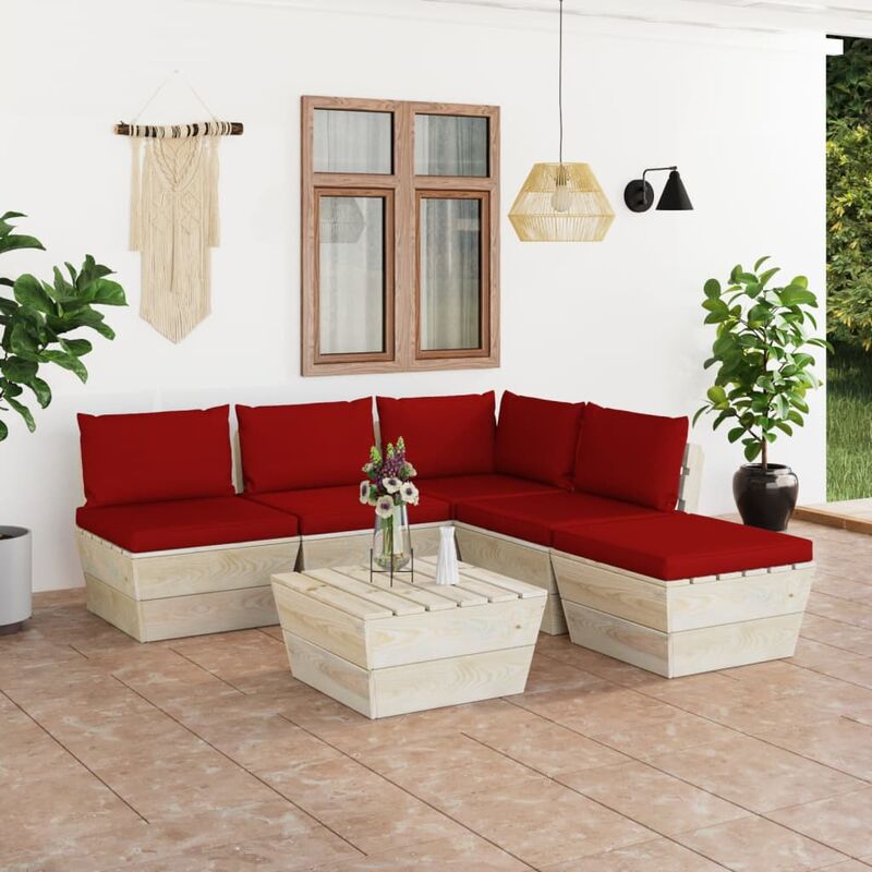 

Muebles de jardín de palets 6 piezas y cojines madera de abeto - Rojo