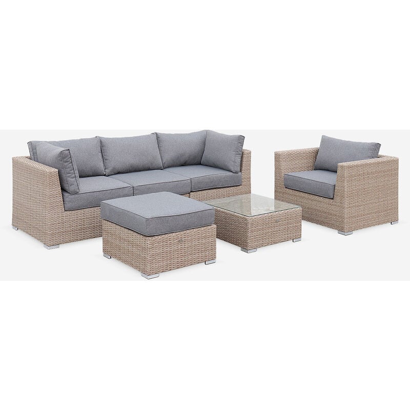 

Muebles de jardín de resina trenzada redondeada - VINCI - Estilo mimbre, de resina natural, cojines grises oscuros - 5 plazas, de primera calidad