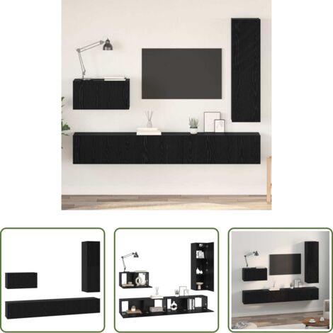 Muebles de pared -  Conjunto de mueble de TV 4 pcs Roble Negro Madera de ingeniería