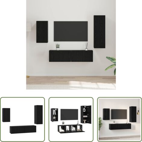 Muebles de pared -  Conjunto de mueble de TV 4 pcs Roble Negro Madera de ingeniería