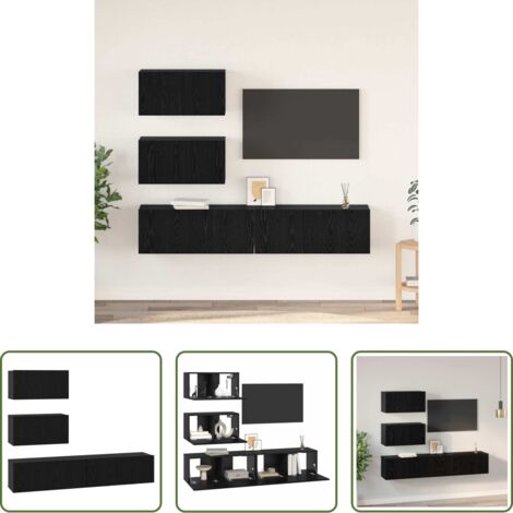 Muebles de pared -  Conjunto de mueble de TV 4 pcs Roble Negro Madera de ingeniería