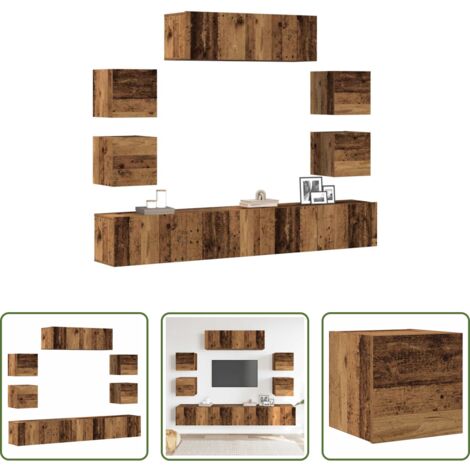 Muebles de pared -  Conjunto de mueble de TV 7 piezas montado la pared madera vieja