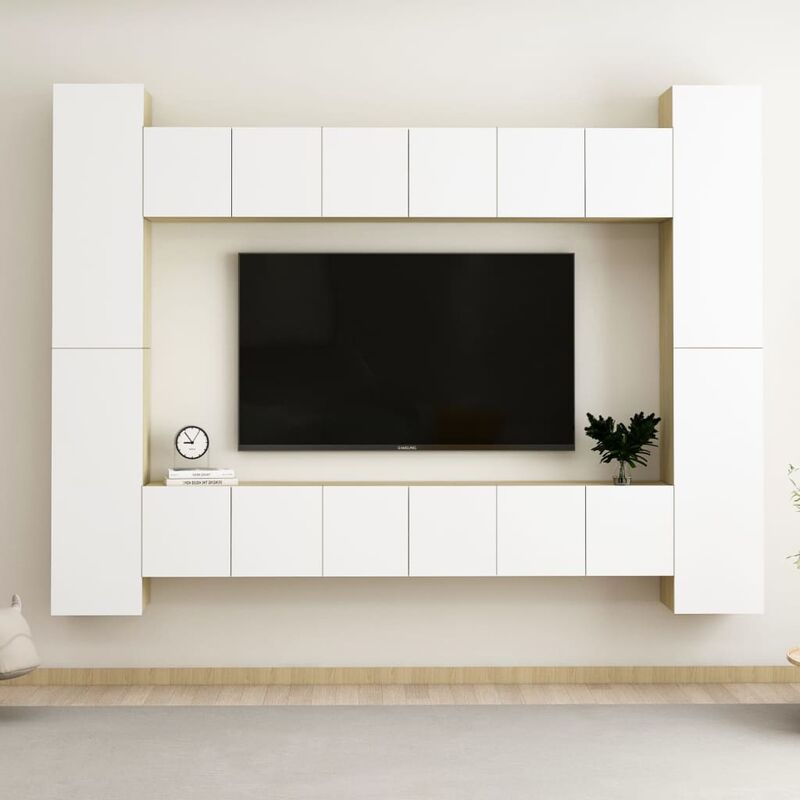 

Muebles de pared de TV 10 pzas aglomerado blanco y roble Sonoma