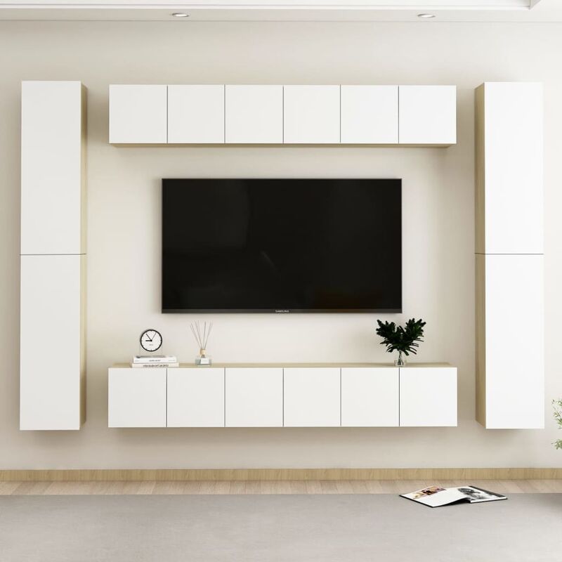 

Muebles de pared de TV 10 pzas aglomerado blanco y roble Sonoma