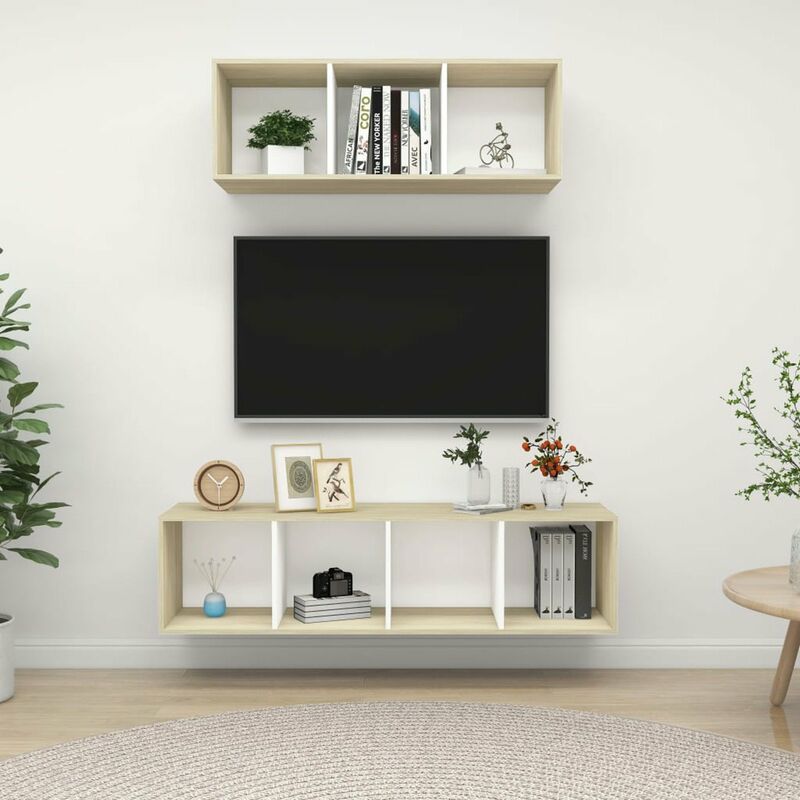 

Muebles de pared de TV 2 pzas aglomerado blanco y roble Sonoma