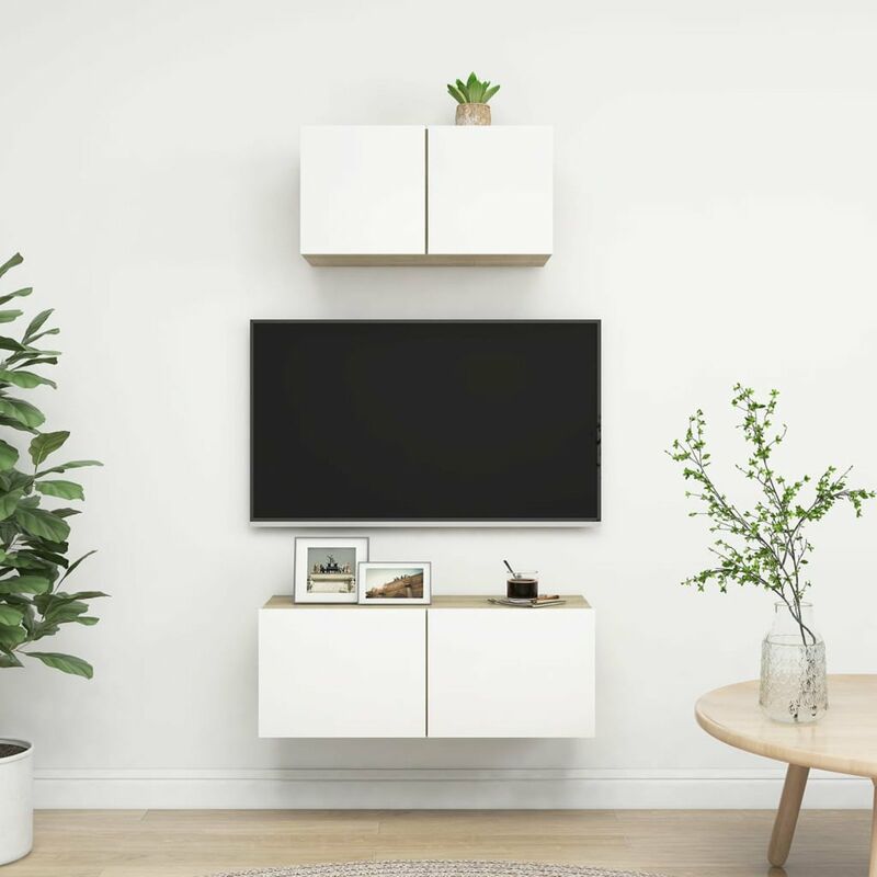 

Muebles de pared de TV 2 pzas aglomerado blanco y roble Sonoma