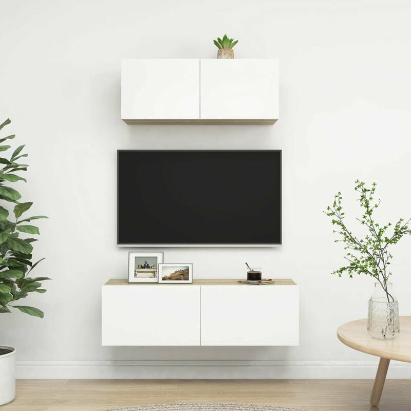 

Muebles de pared de TV 2 pzas aglomerado blanco y roble Sonoma