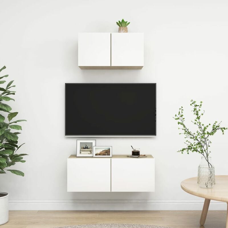 

Muebles de pared de TV 2 pzas aglomerado blanco y roble Sonoma