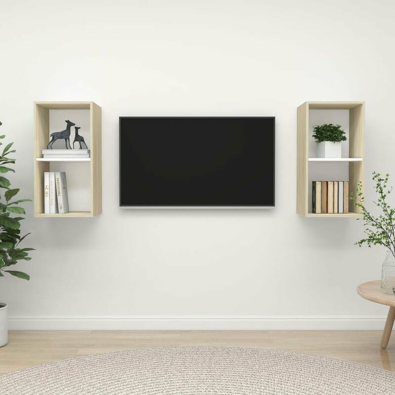 

Muebles de pared de TV 2 uds aglomerado blanco y roble Sonoma