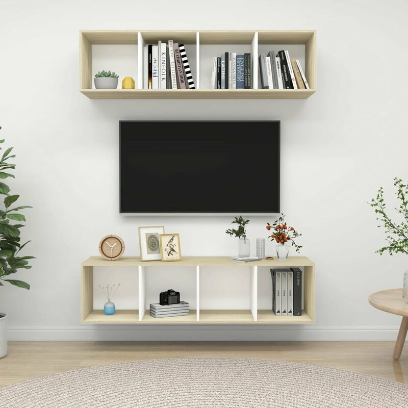 

Muebles de pared de TV 2 uds aglomerado blanco y roble Sonoma