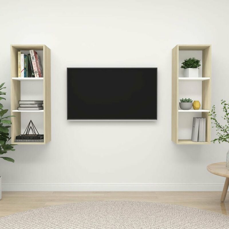 

Muebles de pared de TV 2 uds aglomerado blanco y roble Sonoma