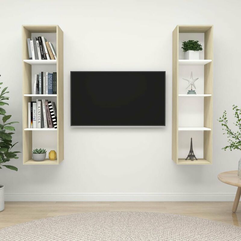 

Muebles de pared de TV 2 uds aglomerado blanco y roble Sonoma