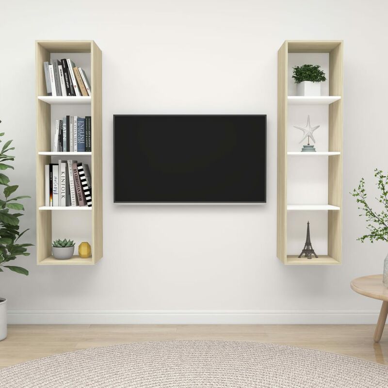 

Muebles de pared de TV 2 uds aglomerado blanco y roble Sonoma