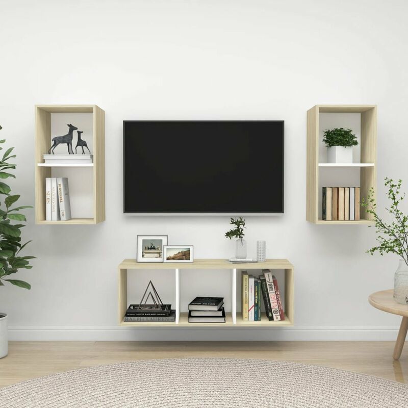 

Muebles de pared de TV 3 pzas aglomerado blanco y roble Sonoma