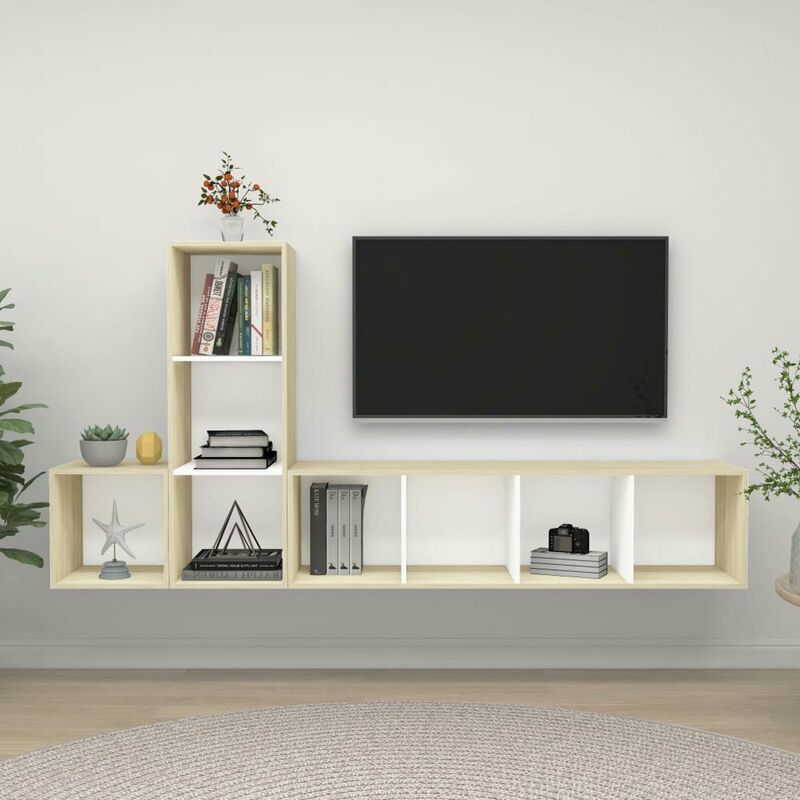 

Muebles de pared de TV 3 pzas aglomerado blanco y roble Sonoma