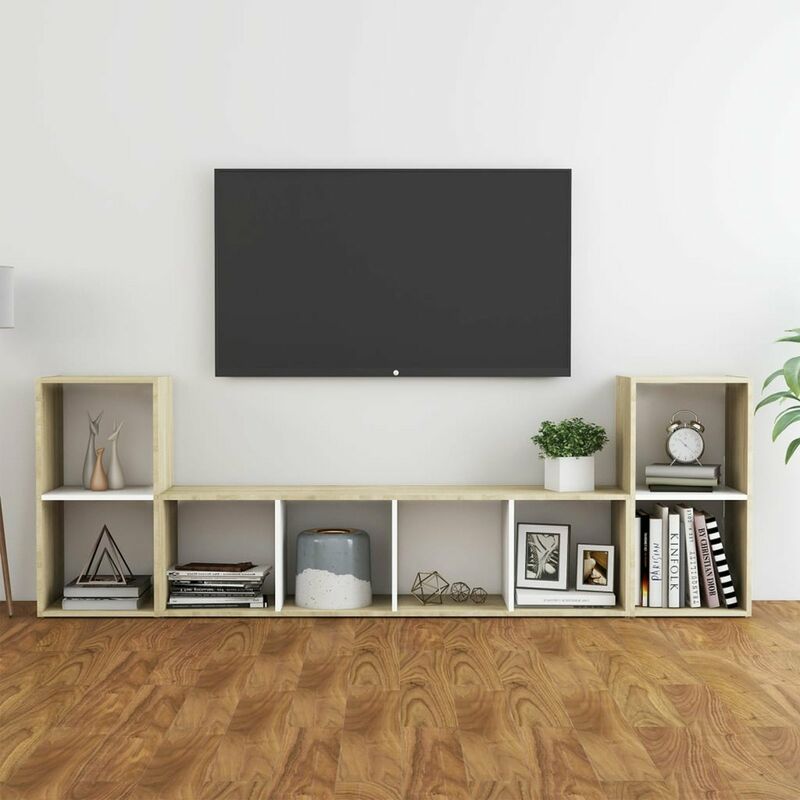

Muebles de pared de TV 3 pzas aglomerado blanco y roble Sonoma