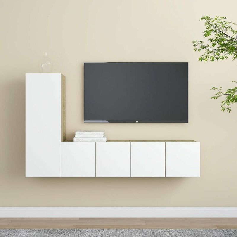 

Muebles de pared de TV 3 pzas aglomerado blanco y roble Sonoma