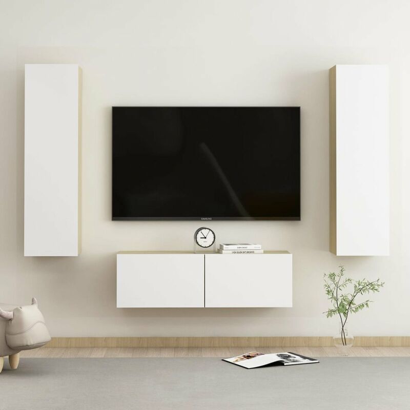 

Muebles de pared de TV 3 pzas aglomerado blanco y roble Sonoma