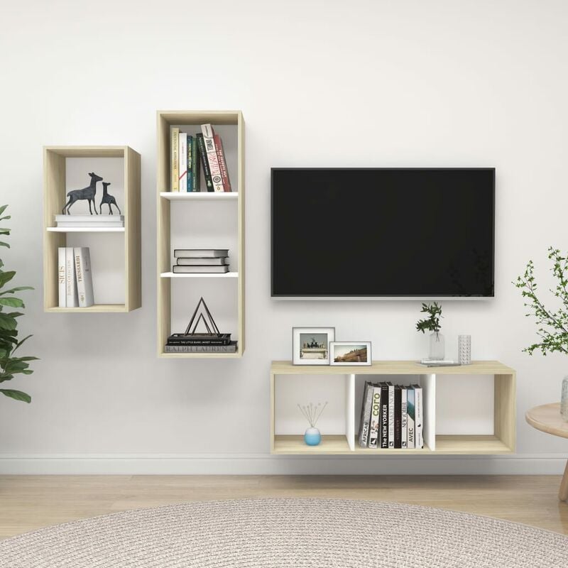 

Muebles de pared de TV 3 pzas aglomerado blanco y roble Sonoma