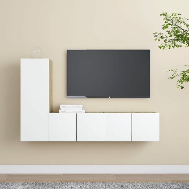 

Muebles de pared de TV 3 pzas aglomerado blanco y roble Sonoma