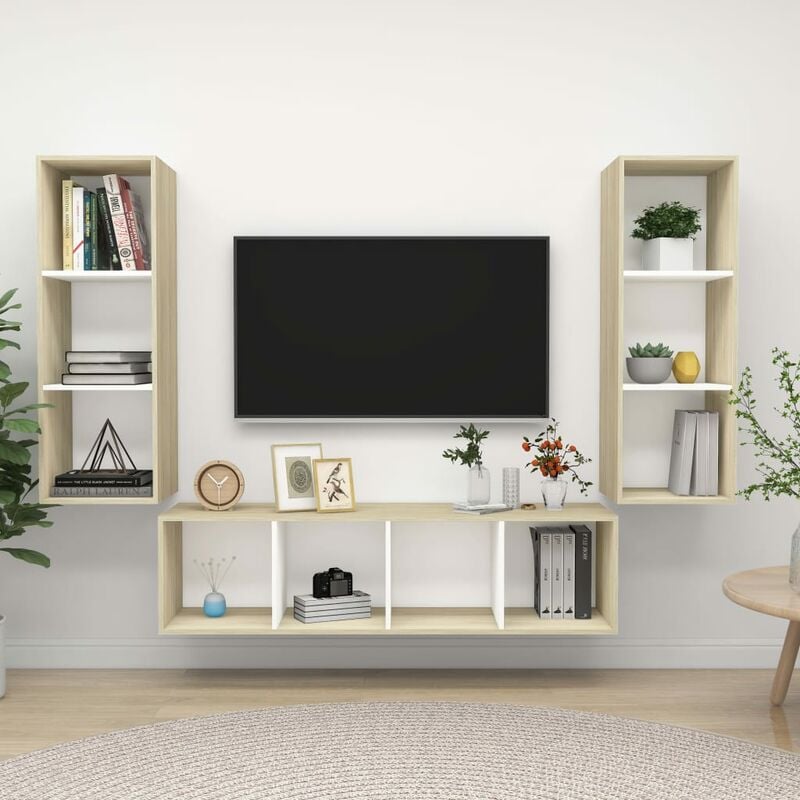 

Muebles de pared de TV 3 pzas aglomerado blanco y roble Sonoma