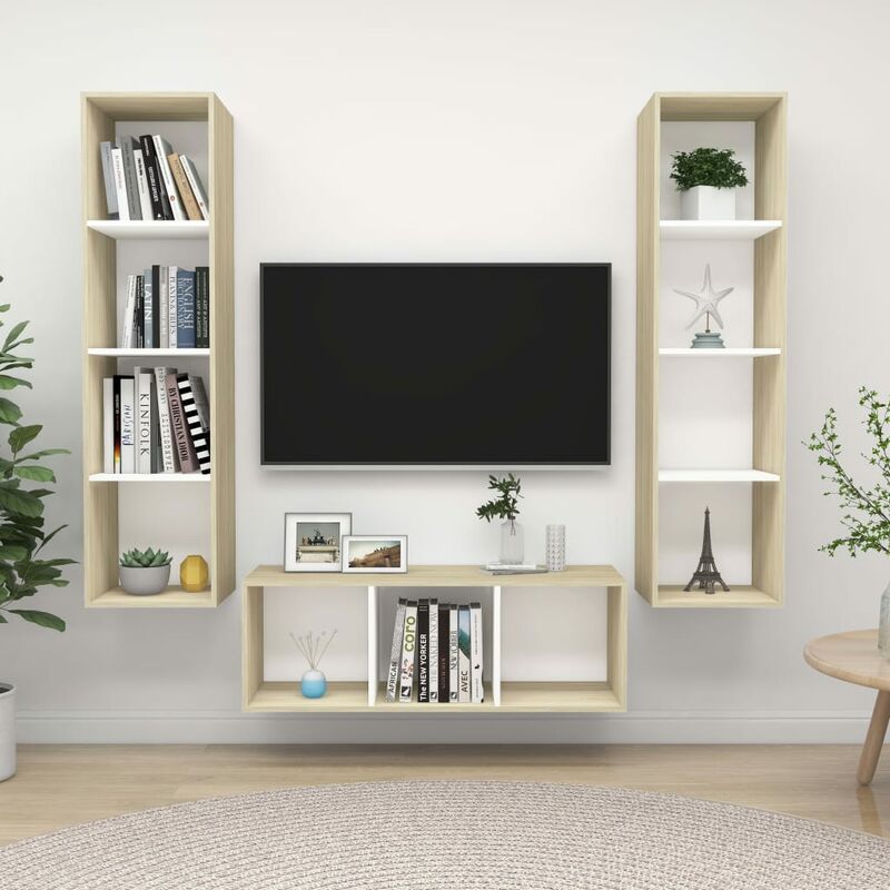 

Muebles de pared de TV 3 pzas aglomerado blanco y roble Sonoma