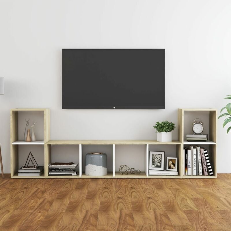 

Muebles de pared de TV 3 pzas aglomerado blanco y roble Sonoma