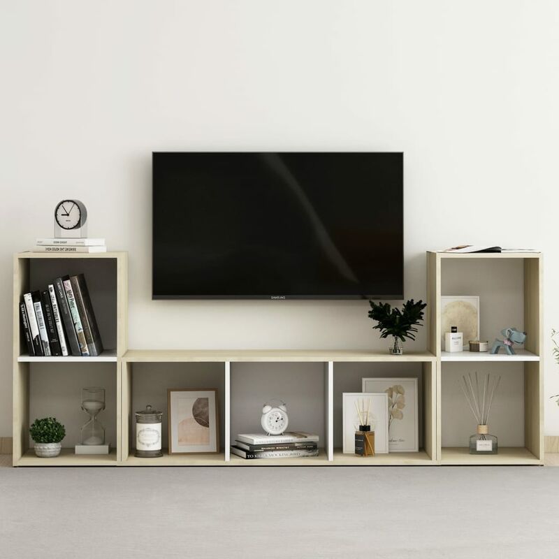 

Muebles de pared de TV 3 pzas aglomerado blanco y roble Sonoma