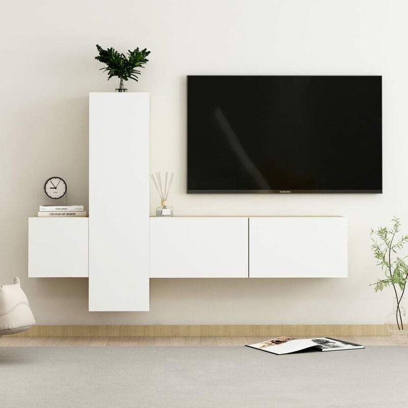 

Muebles de pared de TV 3 pzas aglomerado blanco y roble Sonoma
