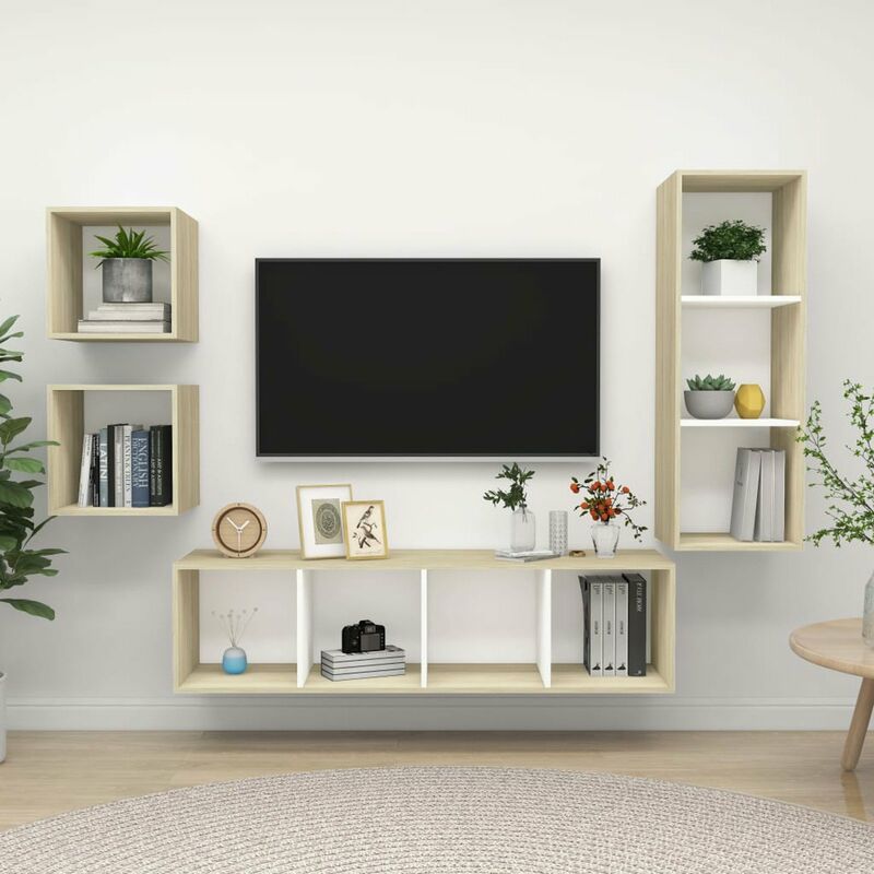 

Muebles de pared de TV 4 pzas aglomerado blanco y roble Sonoma