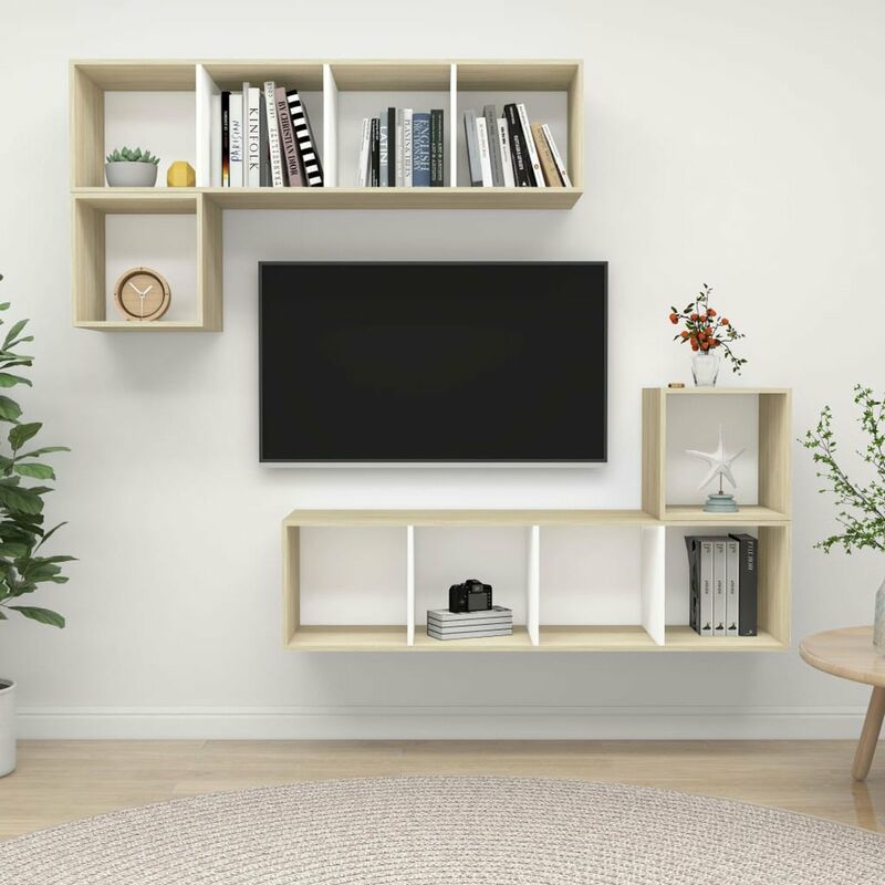 

Muebles de pared de TV 4 pzas aglomerado blanco y roble Sonoma