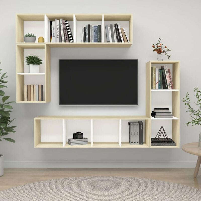 

Muebles de pared de TV 4 pzas aglomerado blanco y roble Sonoma