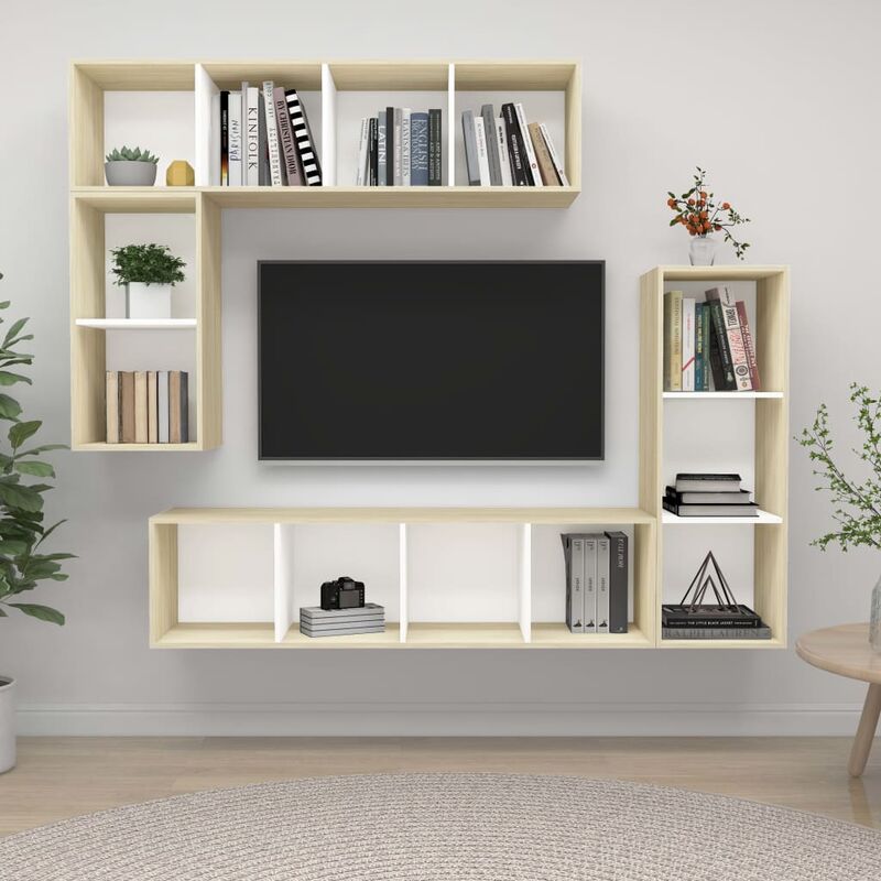 

Muebles de pared de TV 4 pzas aglomerado blanco y roble Sonoma