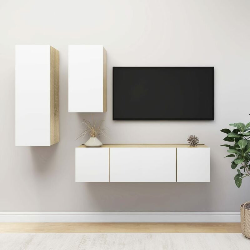 

Muebles de pared de TV 4 pzas aglomerado blanco y roble Sonoma