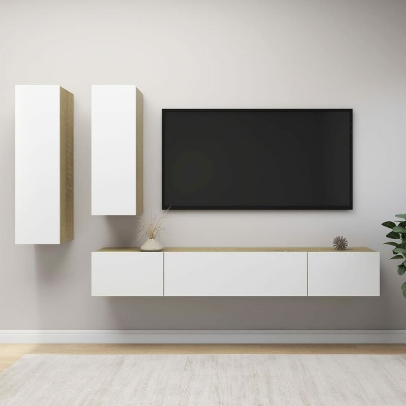 

Muebles de pared de TV 4 pzas aglomerado blanco y roble Sonoma