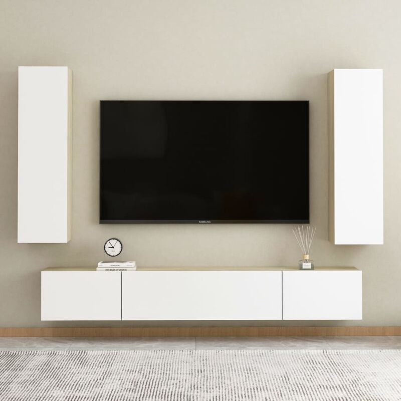 

Muebles de pared de TV 4 pzas aglomerado blanco y roble Sonoma
