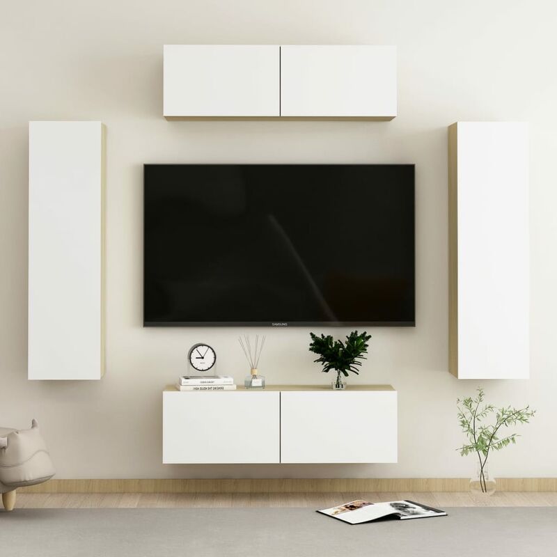 

Muebles de pared de TV 4 pzas aglomerado blanco y roble Sonoma