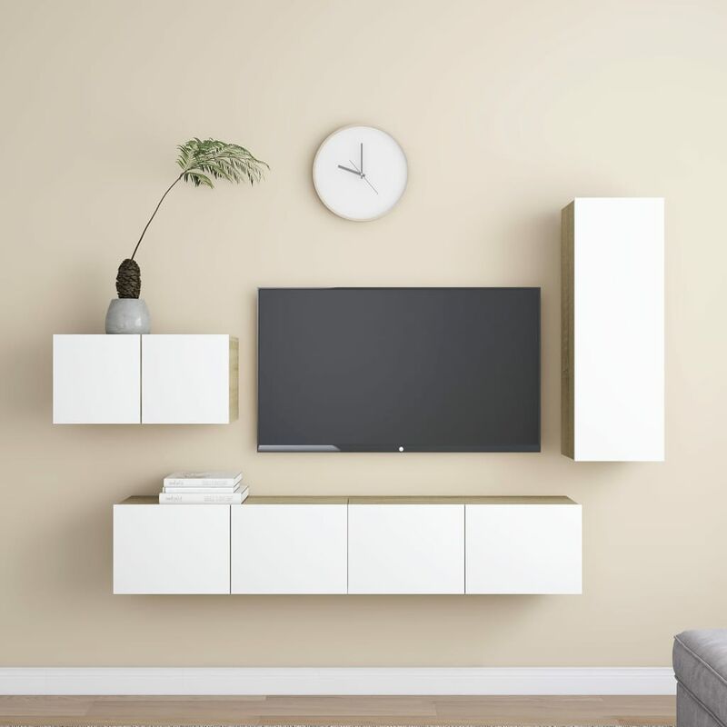 

Muebles de pared de TV 4 pzas aglomerado blanco y roble Sonoma