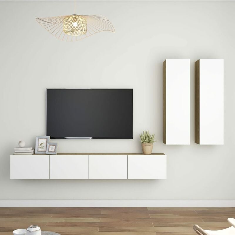 

Muebles de pared de TV 4 pzas aglomerado blanco y roble Sonoma