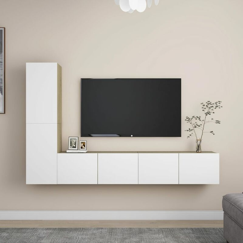 

Muebles de pared de TV 4 pzas aglomerado blanco y roble Sonoma