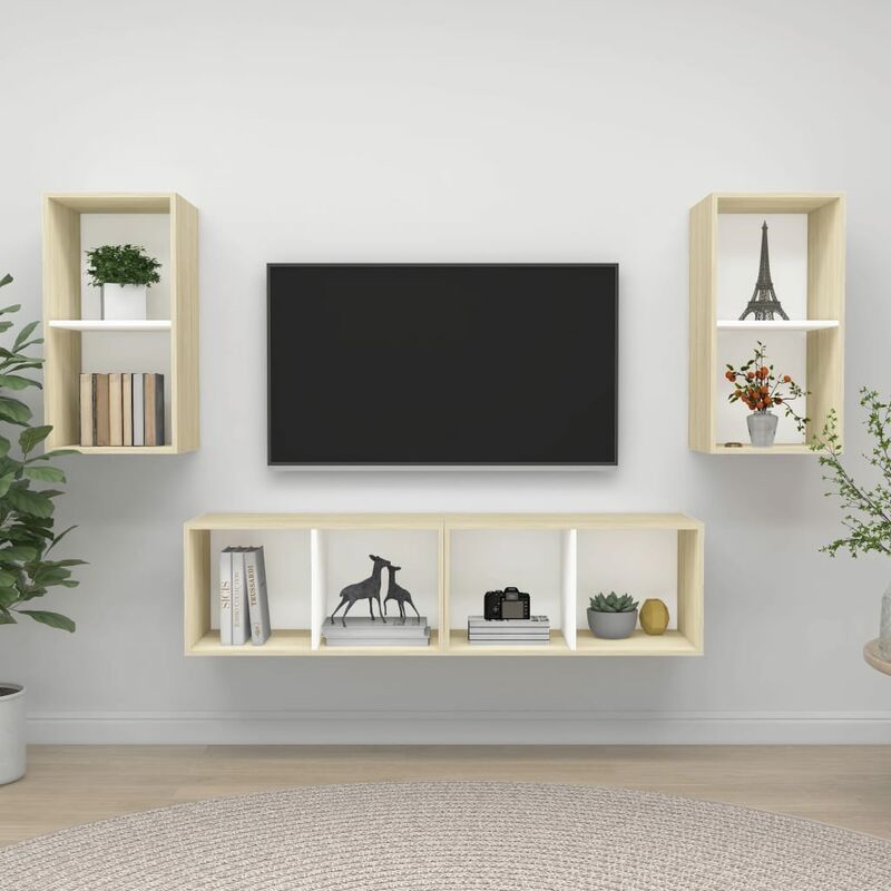 

Muebles de pared de TV 4 uds aglomerado blanco y roble Sonoma