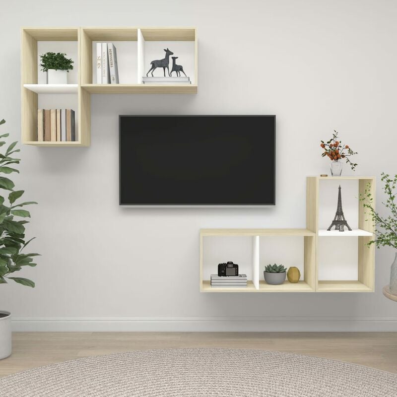 

Muebles de pared de TV 4 uds aglomerado blanco y roble Sonoma