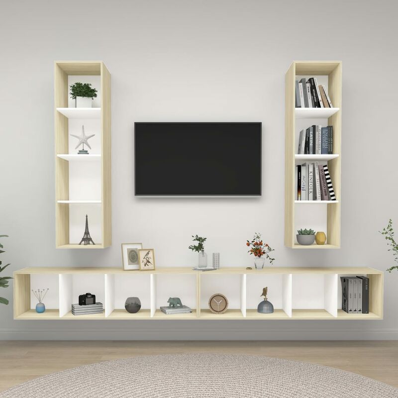 

Muebles de pared de TV 4 uds aglomerado blanco y roble Sonoma