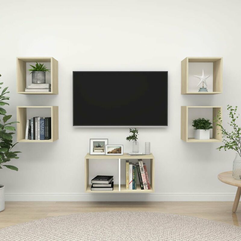 

Muebles de pared de TV 5 pzas aglomerado blanco y roble Sonoma