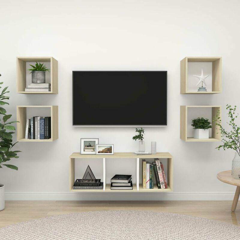 

Muebles de pared de TV 5 pzas aglomerado blanco y roble Sonoma