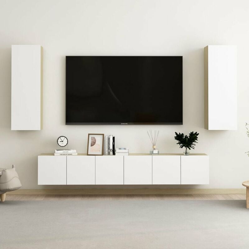 

Muebles de pared de TV 5 pzas aglomerado blanco y roble Sonoma