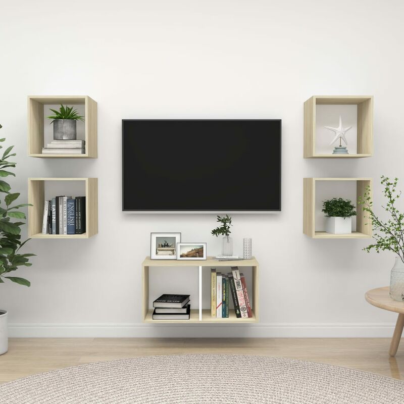 

Muebles de pared de TV 5 pzas aglomerado blanco y roble Sonoma