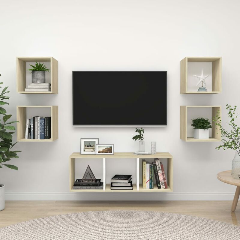 

Muebles de pared de TV 5 pzas aglomerado blanco y roble Sonoma